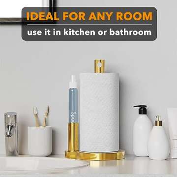 SpaceAid SprayNeat Paper Towel Holder with Spray Bottle, Countertop Paper Towels Dispenser Stand with Sprayer Inside Center, Under Cabinet Papertowels Roller for Kitchen (Gold)