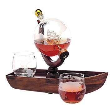 Godinger Whiskey Decanter Ship Globe Set with 2 World Whisky Glasses - for Liquor, Scotch, Bourbon, ...