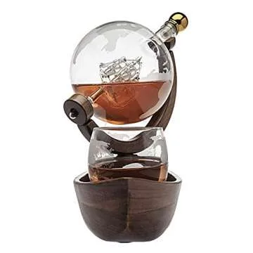 Godinger Whiskey Decanter Ship Globe Set with 2 World Whisky Glasses - for Liquor, Scotch, Bourbon, Vodka - 850ml