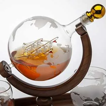 Godinger Whiskey Decanter Ship Globe Set with 2 World Whisky Glasses - for Liquor, Scotch, Bourbon, Vodka - 850ml