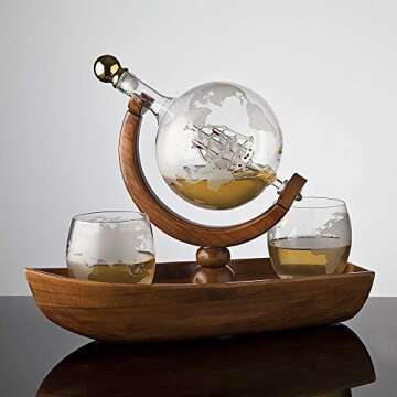 Godinger Whiskey Decanter Ship Globe Set with 2 World Whisky Glasses - for Liquor, Scotch, Bourbon, Vodka - 850ml