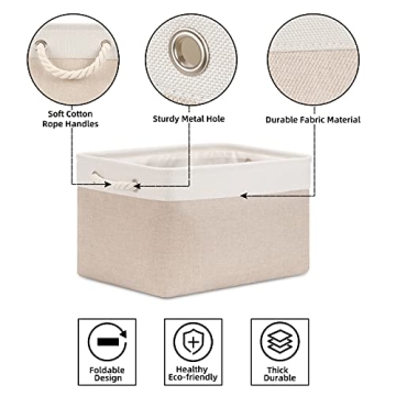 Bidtakay Large Fabric Baskets with Handles [3-Pack] Collapsible Storage Basket for Shelves 15 X 11 X 9.5 inches Canvas Bins for Closet Organization (White&Beige)