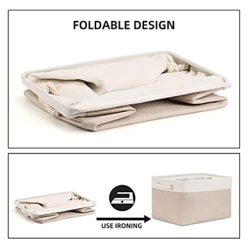 Bidtakay Large Fabric Baskets with Handles [3-Pack] Collapsible Storage Basket for Shelves 15 X 11 X 9.5 inches Canvas Bins for Closet Organization (White&Beige)