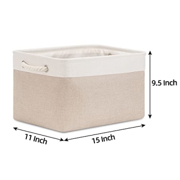 Bidtakay Large Fabric Baskets with Handles [3-Pack] Collapsible Storage Basket for Shelves 15 X 11 X 9.5 inches Canvas Bins for Closet Organization (White&Beige)