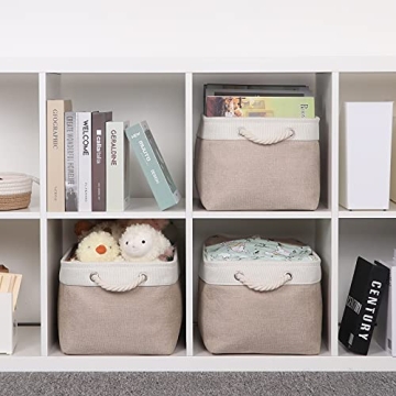 Bidtakay Large Fabric Baskets with Handles [3-Pack] Collapsible Storage Basket for Shelves 15 X 11 X 9.5 inches Canvas Bins for Closet Organization (White&Beige)
