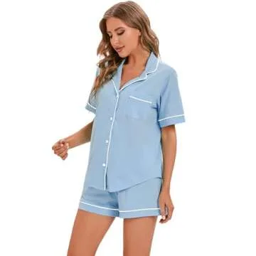 LUBOT 100% Cotton Women's Pajamas Set Short Sleeve Button-Down Shirt PJ Two-piece Shorts Set Summer Night Suit Sleepwear Loungewear (Baby Blue, L)