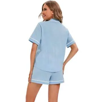 LUBOT 100% Cotton Women's Pajamas Set Short Sleeve Button-Down Shirt PJ Two-piece Shorts Set Summer Night Suit Sleepwear Loungewear (Baby Blue, L)