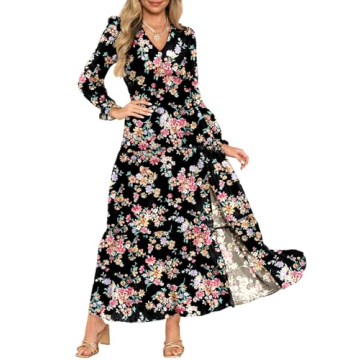 Dokotoo Summer Dresses for Women 2024 Boho Lantern Long Sleeve Dress High Waist Flowy Maxi Dress Sid...