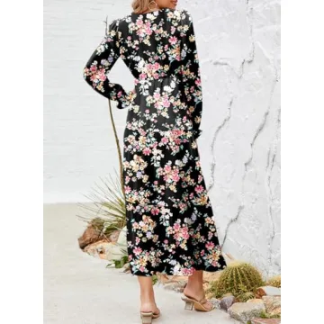 Dokotoo Summer Dresses for Women 2024 Boho Lantern Long Sleeve Dress High Waist Flowy Maxi Dress Side Split Sexy V-Neck Wedding Guest Dress Fashion Chiffon Beach Black Dresses X-Large