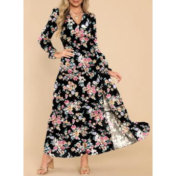 Dokotoo Summer Dresses for Women 2024 Boho Lantern Long Sleeve Dress High Waist Flowy Maxi Dress Side Split Sexy V-Neck Wedding Guest Dress Fashion Chiffon Beach Black Dresses X-Large