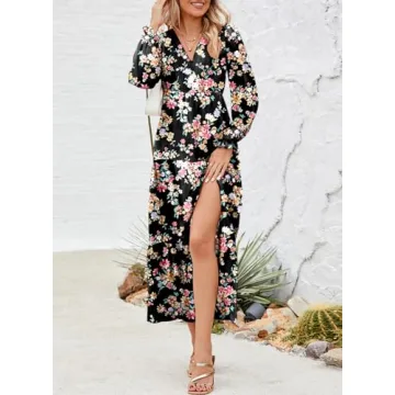 Dokotoo Summer Dresses for Women 2024 Boho Lantern Long Sleeve Dress High Waist Flowy Maxi Dress Side Split Sexy V-Neck Wedding Guest Dress Fashion Chiffon Beach Black Dresses X-Large