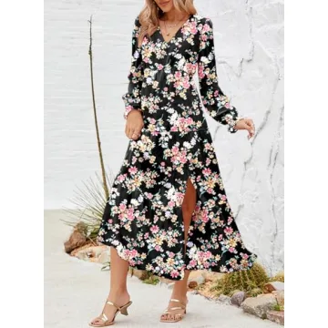 Dokotoo Summer Dresses for Women 2024 Boho Lantern Long Sleeve Dress High Waist Flowy Maxi Dress Side Split Sexy V-Neck Wedding Guest Dress Fashion Chiffon Beach Black Dresses X-Large