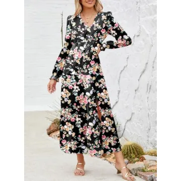 Dokotoo Summer Dresses for Women 2024 Boho Lantern Long Sleeve Dress High Waist Flowy Maxi Dress Side Split Sexy V-Neck Wedding Guest Dress Fashion Chiffon Beach Black Dresses X-Large