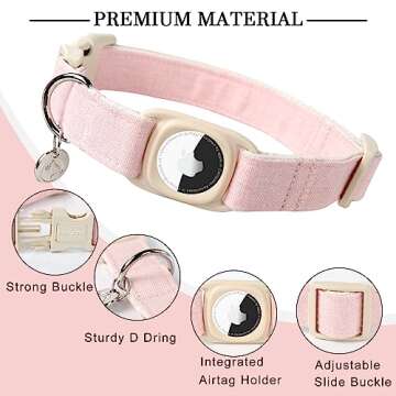DOGWONG Airtag Cotton Hemp Dog Collar, Heavy-Duty Dog Collar with Airtag Holder Pink Natural Fabric ...