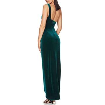 L'VOW Women's Elegant Ruched One Shoulder Velvet Gown High Side Split Club Bodycon Maxi Formal Evening Dress(Dark Green,Small)