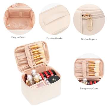 OCHEAL Makeup Bag, Large Capacity Make Up Bag for Cosmetics Vertical Storage,Toiletry Bag for Skincare Makeup Organizer Bag for Travel,With Makeup Brushes Compartments & Dividers -Beige