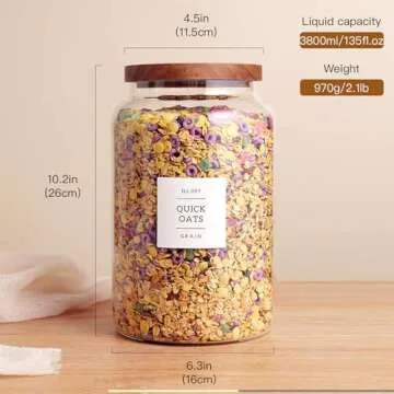 CZHQSMZ Set of 2 Large Glass Flour and Sugar Containers with 132 Pantry Labels - Glass Food Storage Jars with Airtight Bamboo Lid for Flour Pasta Candy Coffee Cookie and More(1 Gallon/4000 ml)