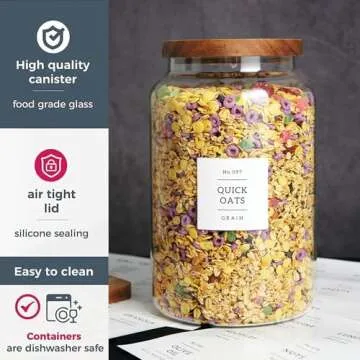 CZHQSMZ Set of 2 Large Glass Flour and Sugar Containers with 132 Pantry Labels - Glass Food Storage Jars with Airtight Bamboo Lid for Flour Pasta Candy Coffee Cookie and More(1 Gallon/4000 ml)