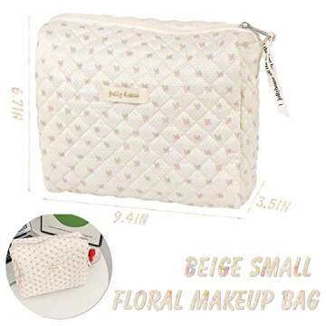 Coquette Cosmetic Bag Aesthetic Floral Makeup Bag Large Makeup Pouch for Women Cute Quilted Cotton Makeup Organizer Pouch Travel Toiletry Bag Large Cosmetic Pouch Aesthetic Gift for Women
