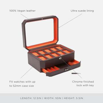 WOLF Windsor 10-Piece Watch Box with Drawer, Brown/Orange - Features 10 Watch Compartments, Eight Ring Rolls & 17 Jewelry Compartments - Vegan Leather Exterior