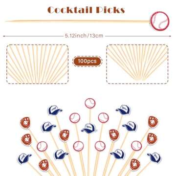 Baseball Cocktail Picks 5" Baseball End Decorative Toothpick Skewers Sticks for Appetizers Sandwich Food, Baseball Champions League MLB Sports Catered Event Birthday Decorations Themed Party Supplies
