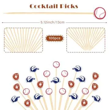 Baseball Cocktail Picks 5" Baseball End Decorative Toothpick Skewers Sticks for Appetizers Sandwich Food, Baseball Champions League MLB Sports Catered Event Birthday Decorations Themed Party Supplies