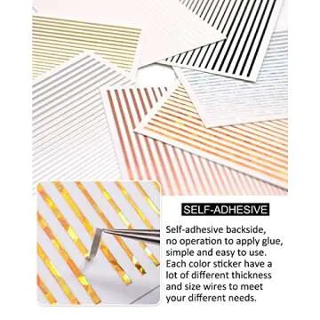 7 Sheets Nail Striping Tape Metallic Lines French Tip Manicure Strip Adhesive Holographic Foil Design Gold Sticker Decals for Nail Art