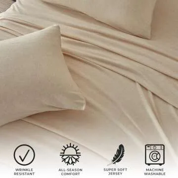 4 Piece Jersey Knit Full Cotton Blend Oatmeal Sheet Set | Ultra-Soft T-Shirt Jersey Bedding Sheets & Pillowcases | Heathered, Breathable, All Season Bed Sheets (Full, Oatmeal)