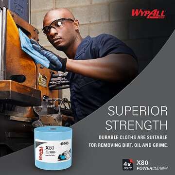 WypAll PowerClean X80 Cloths Heavy Duty Wipes (41043), Jumbo, Extended Use Towels, Blue (1 Roll of 475 Sheets, 475 Sheet Total)