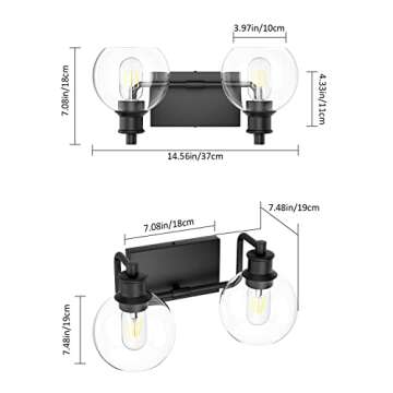 Tipace 2 Lights Industrial Bathroom Vanity Light Fixtures Over Mirror Black Vintage Vanity Lights with Globe Clear Glass Farmhouse Wall Sconces Fixture(Exclude Bulb)