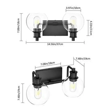 Tipace 2 Lights Industrial Bathroom Vanity Light Fixtures Over Mirror Black Vintage Vanity Lights with Globe Clear Glass Farmhouse Wall Sconces Fixture(Exclude Bulb)