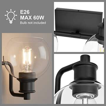 Tipace 2 Lights Industrial Bathroom Vanity Light Fixtures Over Mirror Black Vintage Vanity Lights with Globe Clear Glass Farmhouse Wall Sconces Fixture(Exclude Bulb)