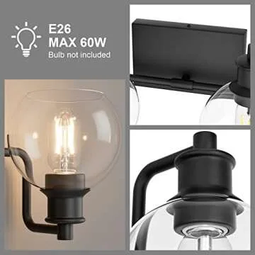Tipace 2 Lights Industrial Bathroom Vanity Light Fixtures Over Mirror Black Vintage Vanity Lights with Globe Clear Glass Farmhouse Wall Sconces Fixture(Exclude Bulb)