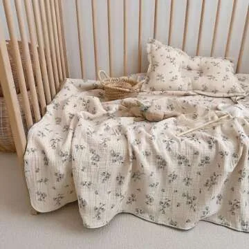 BuLuTu Large Muslin Toddler Blanket for Boys Girls Baby Bed Blankets Floral Print Swaddle Blankets Soft Breathable Toddler Crib Quilt, All Seasons,Hyacinth Pattern,47"x51"