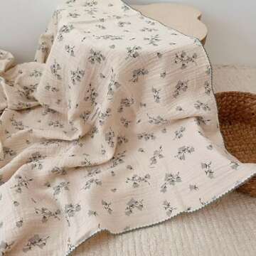 BuLuTu Large Muslin Toddler Blanket for Boys Girls Baby Bed Blankets Floral Print Swaddle Blankets Soft Breathable Toddler Crib Quilt, All Seasons,Hyacinth Pattern,47"x51"