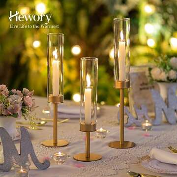 Hewory Gold Candle Holders Hurricane Candlestick Holders, 6Pcs Brass Candle Stick Candle Holder Cand...