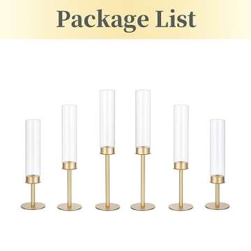 Hewory Gold Candle Holders Hurricane Candlestick Holders, 6Pcs Brass Candle Stick Candle Holder Candelabra, Taper Candle Holders with Glass Candle Cover for Wedding Table Centerpiece Christmas Decor
