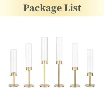 Hewory Gold Candle Holders Hurricane Candlestick Holders, 6Pcs Brass Candle Stick Candle Holder Candelabra, Taper Candle Holders with Glass Candle Cover for Wedding Table Centerpiece Christmas Decor