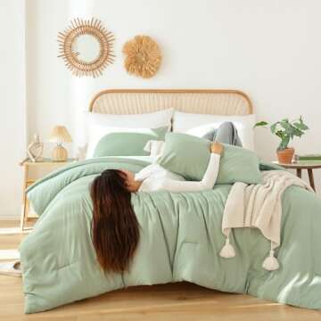 ROSGONIA King Size Sage Green Comforter Set - 3 Piece Bedding Set with Boho Style, Lightweight Down ...