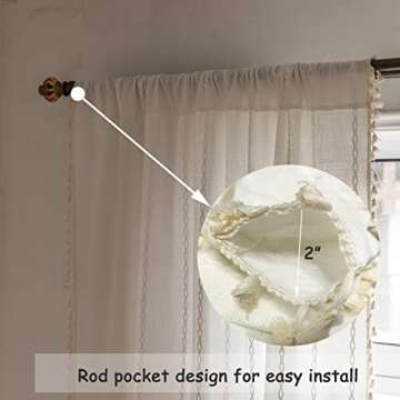 BCLBUSTE Boho Curtains Embroidery Linen Curtains 108 Inches Long for Living Room 2 Panels Set, Cream Off White Light Filtering Farmhouse Curtains for Bedroom Rod Pocket Draperies 52" W x 108" L