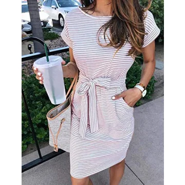 MEROKEETY Women's Summer Striped Tie Waist Midi Dress