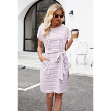 MEROKEETY Women's Summer Striped Tie Waist Midi Dress