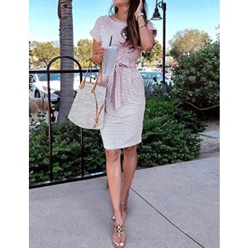 MEROKEETY Women's Summer Striped Tie Waist Midi Dress