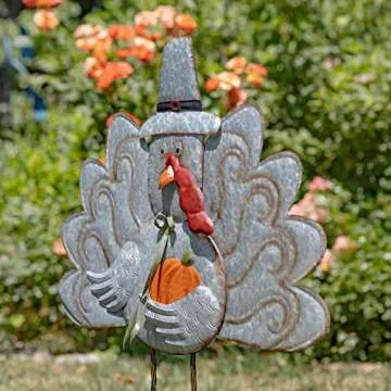 Zaer Ltd. 37" Tall Large Galvanized Thanksgiving Pilgrim Turkey Flat Garden Stake (1 Turkey)