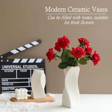 White Ceramic Vase Set of 2 for Modern Home Decor, Geometric Ribbed Fluted Textured Vases Pampas Gra...