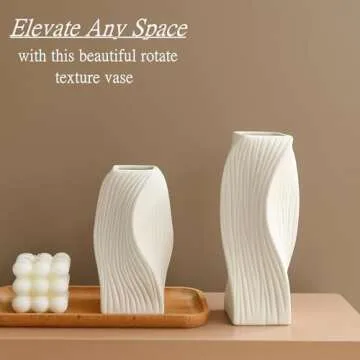 White Ceramic Vase Set of 2 for Modern Home Decor, Geometric Ribbed Fluted Textured Vases Pampas Grass Neutral Nordic Boho Minimalist Flower Vase for Living Room Bedroom Wedding Dining Table Office