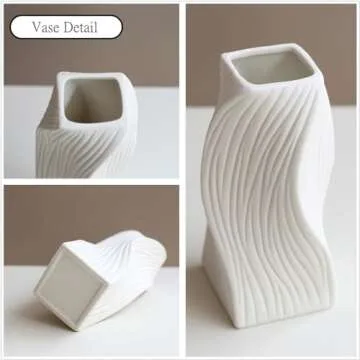 White Ceramic Vase Set of 2 for Modern Home Decor, Geometric Ribbed Fluted Textured Vases Pampas Grass Neutral Nordic Boho Minimalist Flower Vase for Living Room Bedroom Wedding Dining Table Office