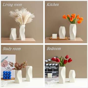 White Ceramic Vase Set of 2 for Modern Home Decor, Geometric Ribbed Fluted Textured Vases Pampas Grass Neutral Nordic Boho Minimalist Flower Vase for Living Room Bedroom Wedding Dining Table Office