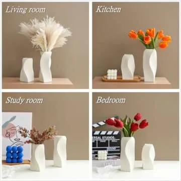 White Ceramic Vase Set of 2 for Modern Home Decor, Geometric Ribbed Fluted Textured Vases Pampas Grass Neutral Nordic Boho Minimalist Flower Vase for Living Room Bedroom Wedding Dining Table Office