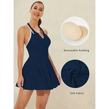 Rigolla Womens Tennis Dress Workout Dress with Built-in Bra & Shorts Exercise Dress for Golf Athletic Navy L